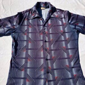 Vtg 70s Styled in California Button Up Poly Shirt Men’s S M Blue Disco Geo Retro